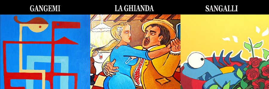 La Galleria d’Arte Contemporanea Wikiarte in Via San Felice 18 – Bologna È lieta di informarvi che sabato 16 novembre 2019 ore 18.00 si terrà l’ apertura delle mostre personali di ANTONELLO GANGEMI NINO LA GHIANDA ANDREA SANGALLI durante la serata presenzierà la Dott.ssa Denitza Nedkova La sintesi del realismo silente morandiano o la linearità del simbolismo geometrico? Nonostante l’apparenza formale possa indurre a facili etichettature, il denominatore dell’arte di Antonello Gangemi ha altre origini, molto più antiche e molto meno artistiche. Si tratta di quel grafismo esplicito ed altamente comunicativo da cui origina l’unica caratteristica prettamente umana, la memoria. L’opera si immedesima, dunque, in un archetipo mnemonico quale segno materiale precede di secoli quello verbale e si esterna in nient’altro che disegni, ovvero opere d’arte. Gangemi avverte l’immediatezza e la spontaneità dei pochi tratti e dei colori primari – le caratteristiche di basso livello (low level features) che sono l’ossatura di ogni immagine e sono rilevate dalla parte più antica del nostro cervello, il mesencefalo. Qui origina la segmentazione dell’immagine che dai grafemi passa ai simboli per giungere alla semantica. Questo costruirsi cognitivo dell’imago è illustrato dalle opere di Antonello Gangemi che spaziano dal geometrismo rupestre fino al realismo novecentesco senza pause o interruzioni come avviene per il meccanismo neurale che le elabora tutte sotto il segno della comunicazione non verbale ma illustrativa e descrittiva, quella archetipica e primordiale. Il senso primario che sgorga dai lavori di Luciano Vetturini (Nino La Ghianda) è quello epico popolare che distingue ogni tradizione. Un linguaggio quasi biblico, capace di nutrirsi della lezione di grandi maestri come Bruegel e i pittori ... e poi a un certo punto, in Vetturini sboccia come una furia espressiva, sonora e corale che fluidifica l linguaggio quasi biblico, capace di nutrirsi della lezione di grandi maestri come Bruegel e i pittori nordici e dell’immaginario illustrato degli anni in cui Covili ha intrapreso la strada dell’arte.... Da un certo momento in poi, in lui è sbocciata come una furia espressiva cifra stilistica in una scrittura organica della quotidianità. Una grande cultura della comunità trapela dalle liriche di Vetturini che, con gli della vita, narra un quotidiano - semplice ed efficiente – con una forte nota malinconica per il non ritorno dell’Arcadia dove uomini e natura vivono in perfetta armonia. Una malinconia che traspare dalla pesantezza barocca delle figure e dal horror vacui degli ambienti addolcito dal tratto sempre fluido e curvilineo, prediletto dalla percezione umana. Un cantore della vita dimenticata, Luciano Vetturini diventa lo storyteller di un’intera mitologia - immagini, visioni e memorie che si nutrono dalla storia umana e artistica di Vetturini stesso, lunga un quarto di secolo - tanto necessaria alla sensibilità contemporanea, quale unica salvezza rimane il ritorno alla semplicità naturale. Nasce così la solo "Cantastorie - Storytellers", una neverending story. Un sorriso amaro sull’assurda perdita di umanità dell’essere contemporaneo contraddistingue l’operato di Andrea Sangalli. Lo zoomorfismo edonistico avvicina l’artista al Medialismo, la contemporanea corrente artistica che non considera l'opera d'arte come totalità autonoma, ma trova riscontro nel concetto dell’arte come costruzione libera e indipendente della mente e del sentimento. La pittura, dunque, agisce su un'ampia gamma iconografica evocando immagini frequenti dell'imprinting popolare, rifiutando una manipolazione meramente descrittiva della vita, assimilando piuttosto realtà più disparate della trasfigurazione sociale. Una trasfigurazione che trasforma la vita umana in un’avventura ittica sotto il segno di un maniersimo pop che nei colori shocking e nei tratti fumettistici trova la sua espressione più bizzarra e ludica. L’artista compie con molta leggerezza e disinvoltura una metamorfosi esistenziale che muta l’essere umano nel vertebrato acquatico quasi bidimensionale e ruvido, coperto di scaglie e dotato di pine, dal quale phyla nasce l’intera vita terrestre. Uno scherzo con la natura o, meglio ancora, della natura del artifex che presenta una vera immersione nel mondo dell’inconscio. E al pari di un pesce, Sangalli sembra possedere una proprietà naturale che gli fa spalancare gli occhi sul mondo, come se la sua evoluzione artistica lo avesse portato a fare a meno della palpebra, per non perdere un solo istante. Denitza Nedkova Sponsorizzata e pubblicizzata da: www.inﬁssifp.it www.goffiauto.it