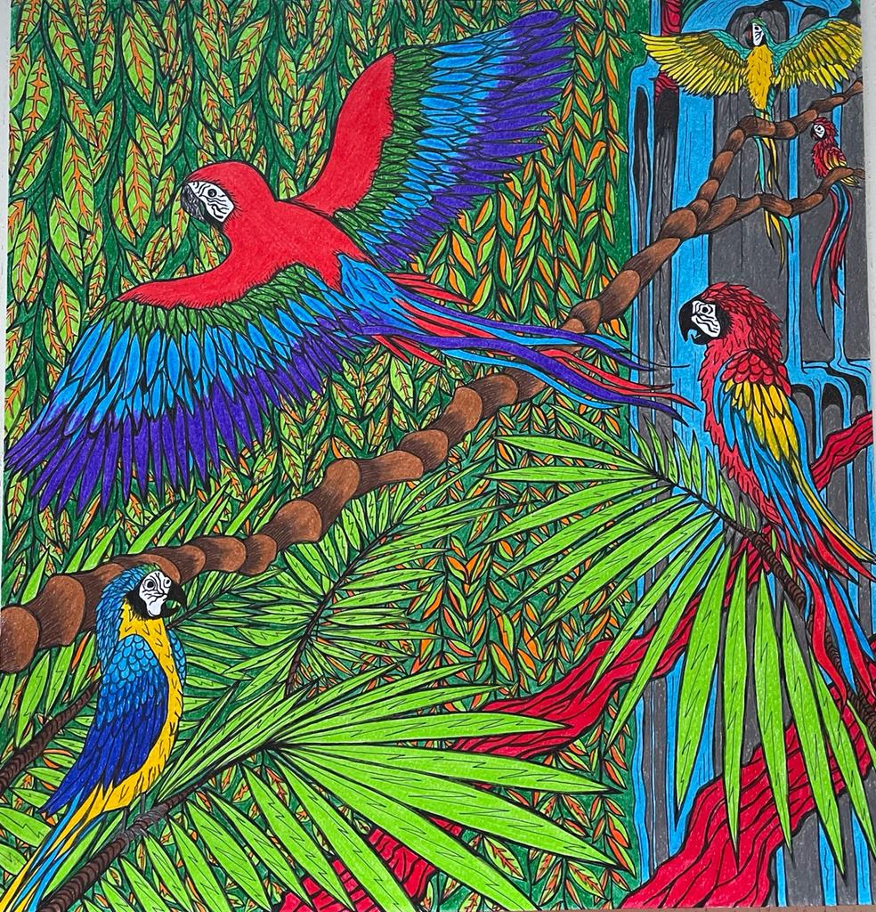 Antonio Romano Foresta pluviale - piume e foglie. 33x34.5 china e matita su carta